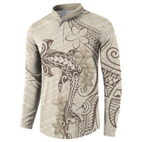 Beige Hawaii Button Sweatshirt Hammerhead Shark Tattoo Curve Polynesian LT14 - Polynesian Pride
