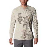Beige Hawaii Button Sweatshirt Hammerhead Shark Tattoo Curve Polynesian LT14 - Polynesian Pride