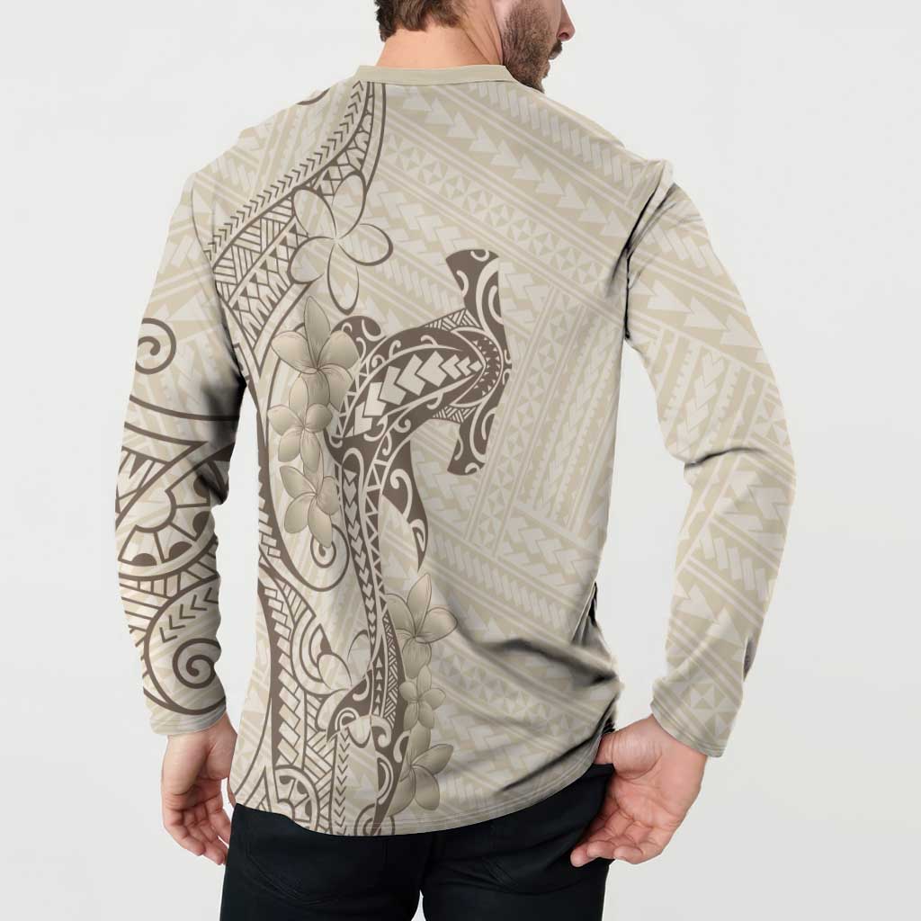 Beige Hawaii Button Sweatshirt Hammerhead Shark Tattoo Curve Polynesian LT14 - Polynesian Pride