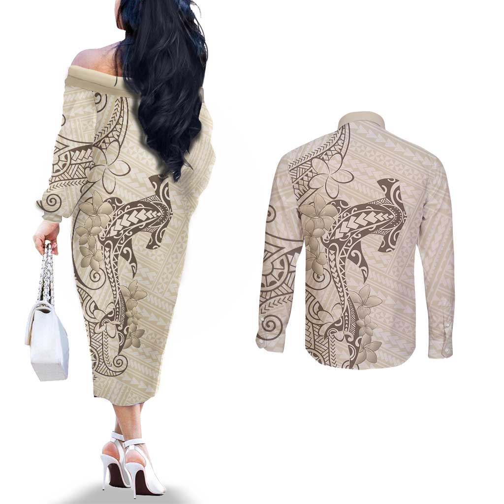 Beige Hawaii Couples Matching Off The Shoulder Long Sleeve Dress and Long Sleeve Button Shirt Hammerhead Shark Tattoo Curve Polynesian - Polynesian Pride