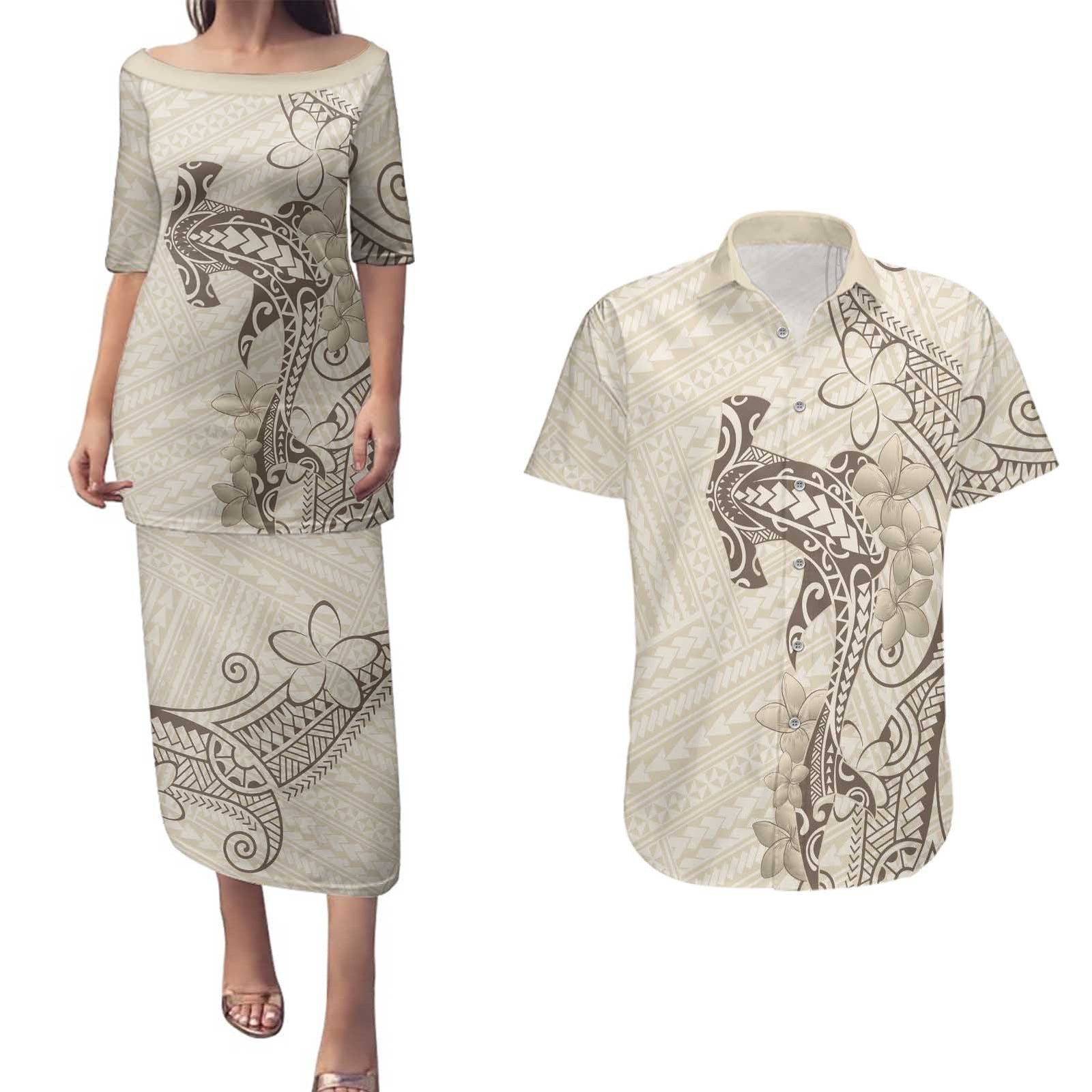 Beige Hawaii Couples Matching Puletasi and Hawaiian Shirt Hammerhead Shark Tattoo Curve Polynesian LT14 Beige - Polynesian Pride