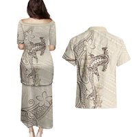 Beige Hawaii Couples Matching Puletasi and Hawaiian Shirt Hammerhead Shark Tattoo Curve Polynesian LT14 - Polynesian Pride