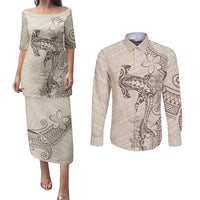 Beige Hawaii Couples Matching Puletasi and Long Sleeve Button Shirt Hammerhead Shark Tattoo Curve Polynesian LT14 Beige - Polynesian Pride