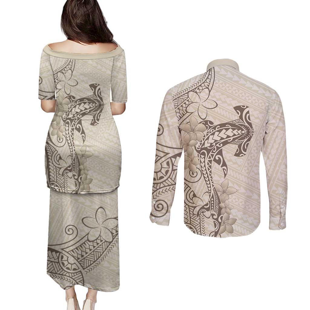 Beige Hawaii Couples Matching Puletasi and Long Sleeve Button Shirt Hammerhead Shark Tattoo Curve Polynesian LT14 - Polynesian Pride