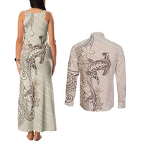 Beige Hawaii Couples Matching Tank Maxi Dress and Long Sleeve Button Shirt Hammerhead Shark Tattoo Curve Polynesian - Polynesian Pride