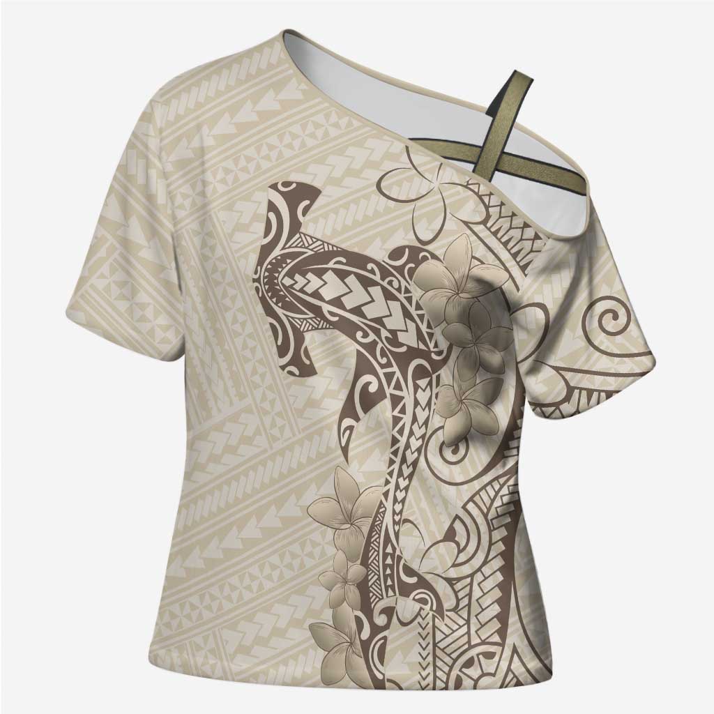 Beige Hawaii Cross Shoulder Shirt Hammerhead Shark Tattoo Curve Polynesian LT14 Female Beige - Polynesian Pride