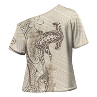 Beige Hawaii Cross Shoulder Shirt Hammerhead Shark Tattoo Curve Polynesian LT14 - Polynesian Pride