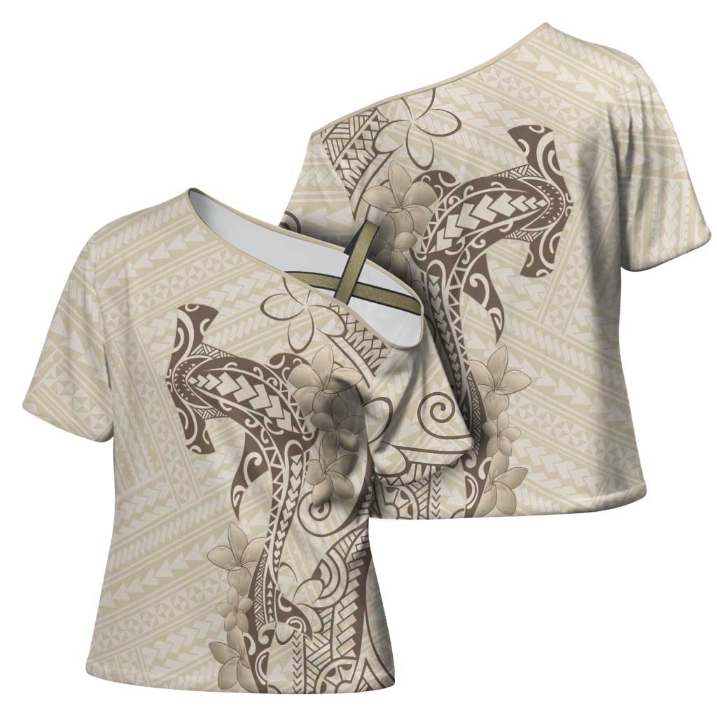 Beige Hawaii Cross Shoulder Shirt Hammerhead Shark Tattoo Curve Polynesian LT14 - Polynesian Pride
