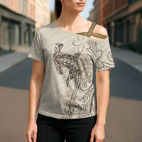 Beige Hawaii Cross Shoulder Shirt Hammerhead Shark Tattoo Curve Polynesian LT14 - Polynesian Pride