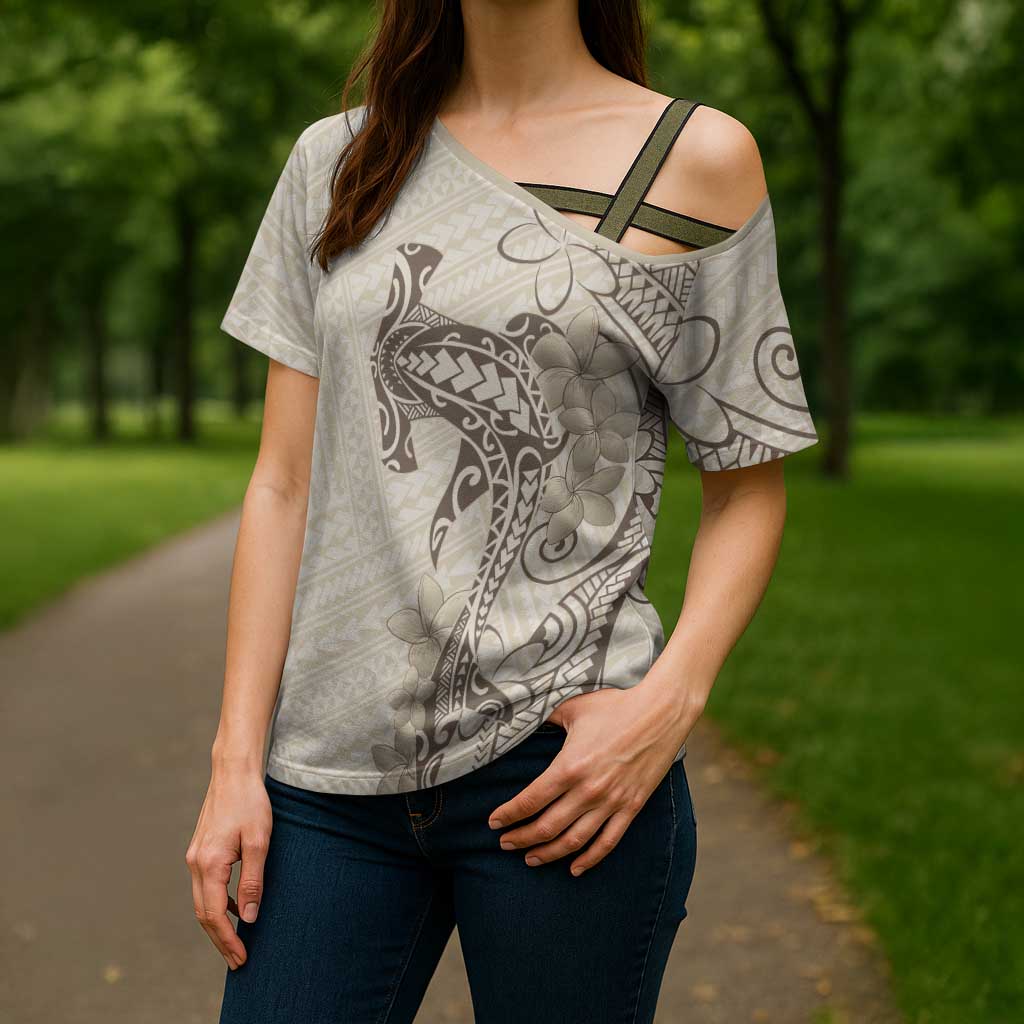 Beige Hawaii Cross Shoulder Shirt Hammerhead Shark Tattoo Curve Polynesian LT14 - Polynesian Pride
