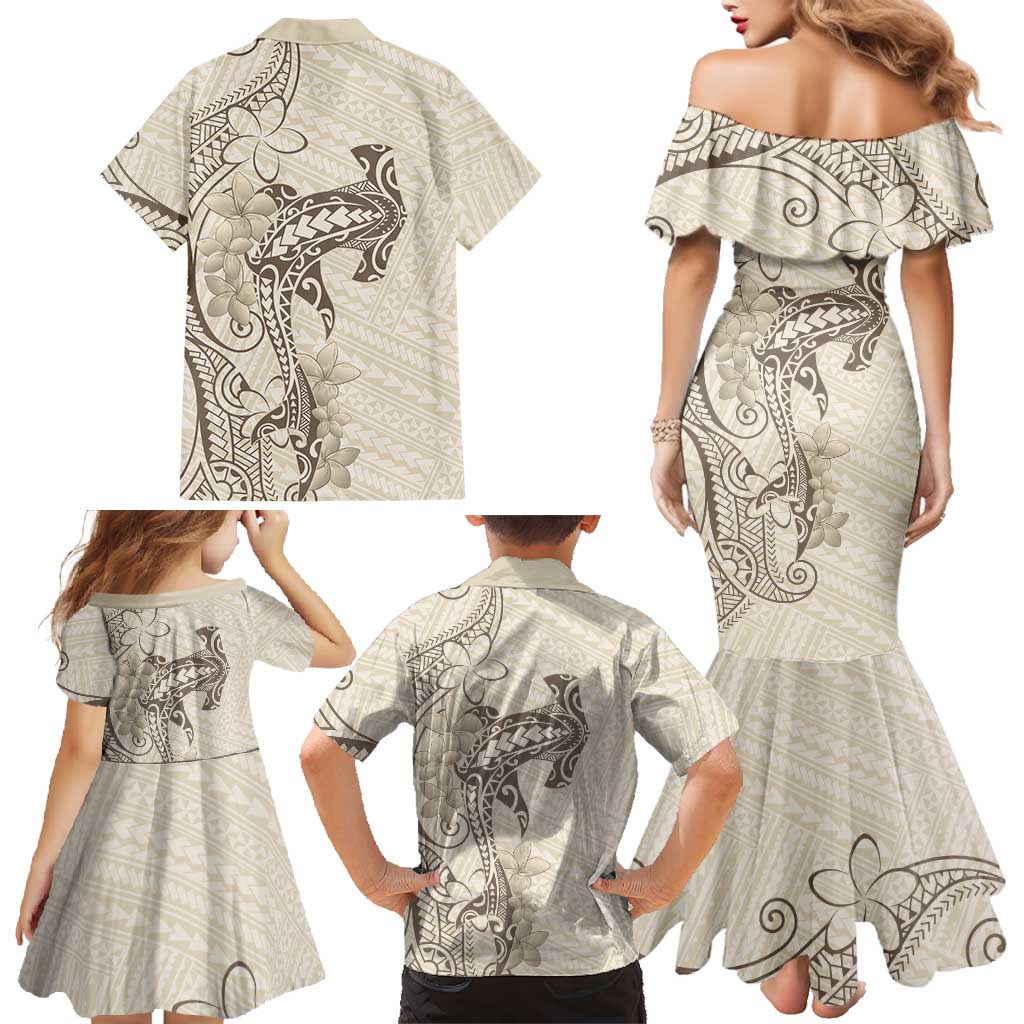 Beige Hawaii Family Matching Mermaid Dress and Hawaiian Shirt Hammerhead Shark Tattoo Curve Polynesian - Polynesian Pride