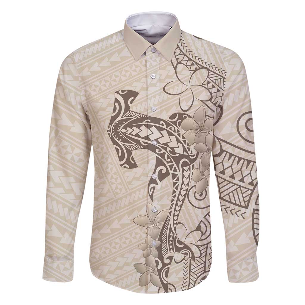 Beige Hawaii Family Matching Off Shoulder Maxi Dress and Hawaiian Shirt Hammerhead Shark Tattoo Curve Polynesian - Polynesian Pride