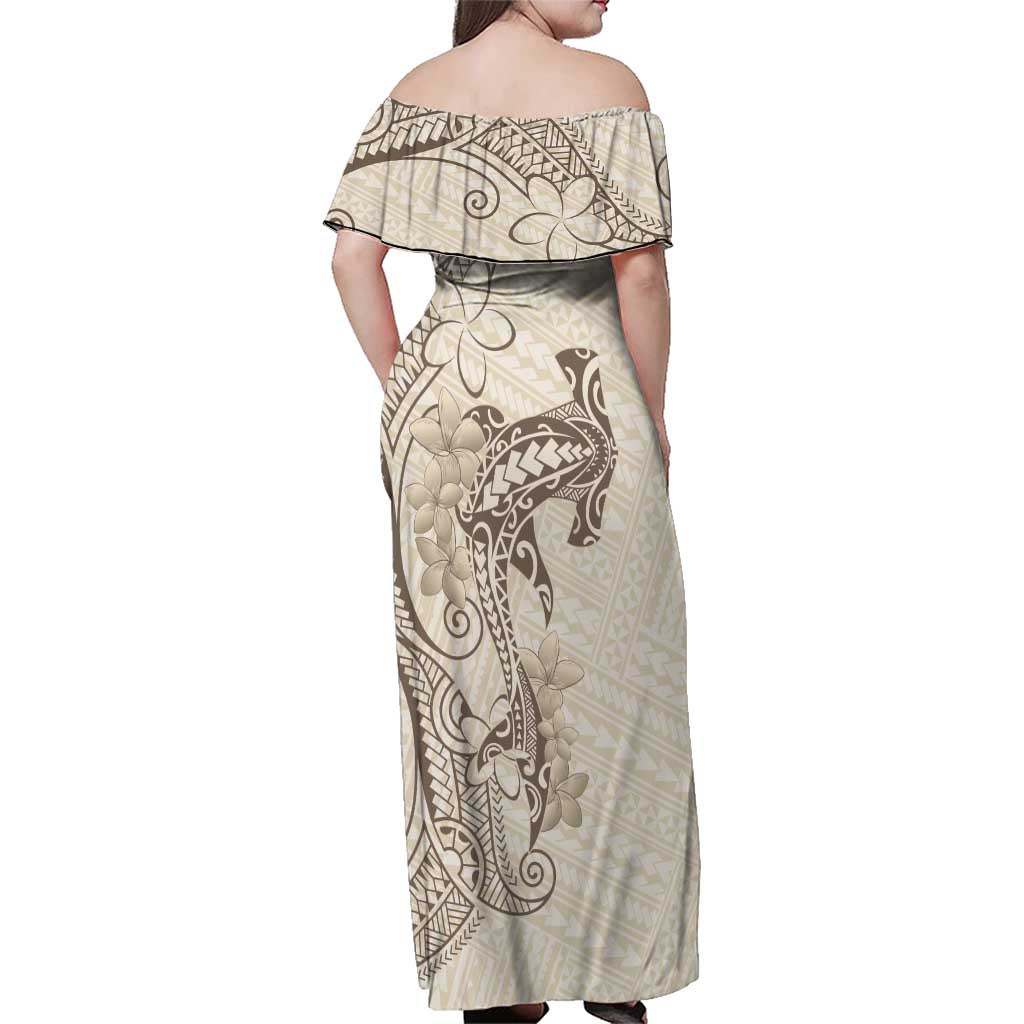 Beige Hawaii Family Matching Off Shoulder Maxi Dress and Hawaiian Shirt Hammerhead Shark Tattoo Curve Polynesian - Polynesian Pride