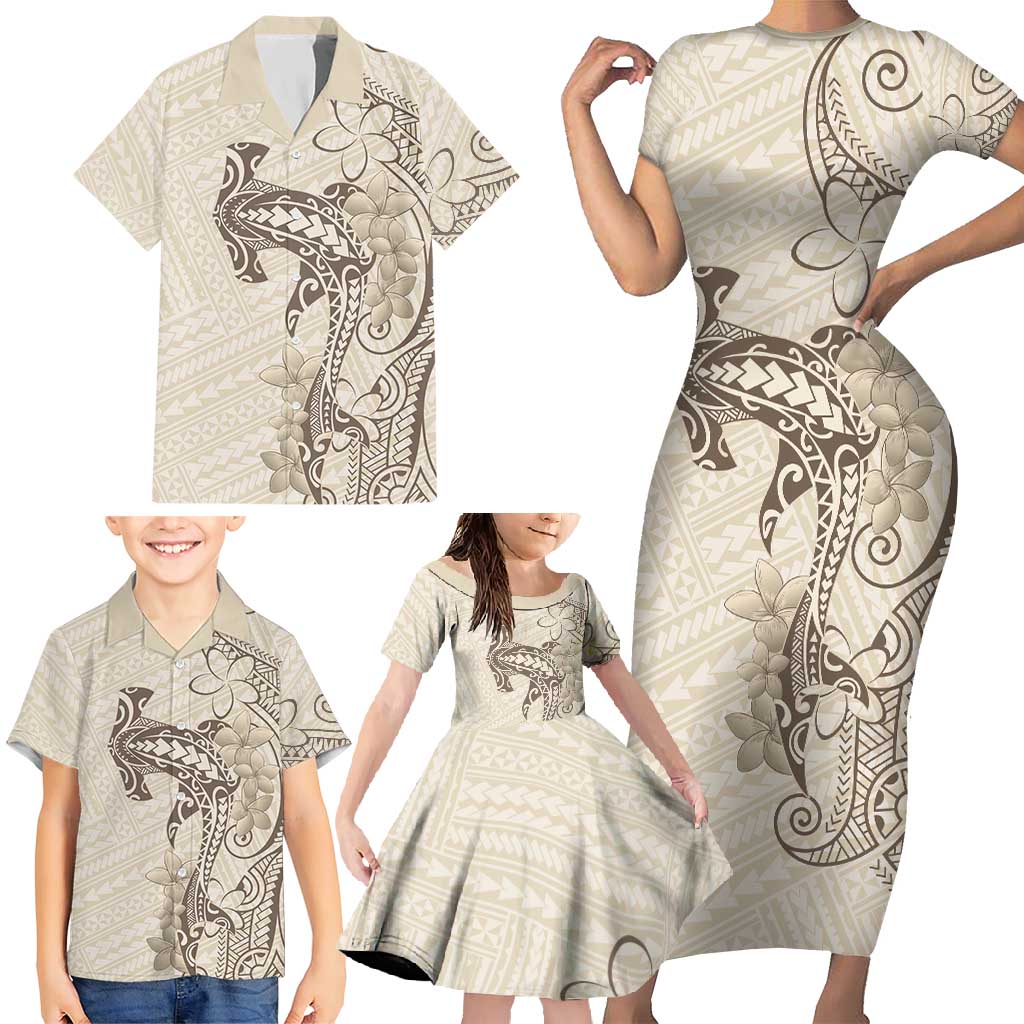 Beige Hawaii Family Matching Short Sleeve Bodycon Dress and Hawaiian Shirt Hammerhead Shark Tattoo Curve Polynesian - Polynesian Pride