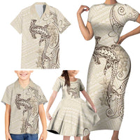 Beige Hawaii Family Matching Short Sleeve Bodycon Dress and Hawaiian Shirt Hammerhead Shark Tattoo Curve Polynesian - Polynesian Pride