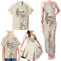 Beige Hawaii Family Matching Tank Maxi Dress and Hawaiian Shirt Hammerhead Shark Tattoo Curve Polynesian - Polynesian Pride