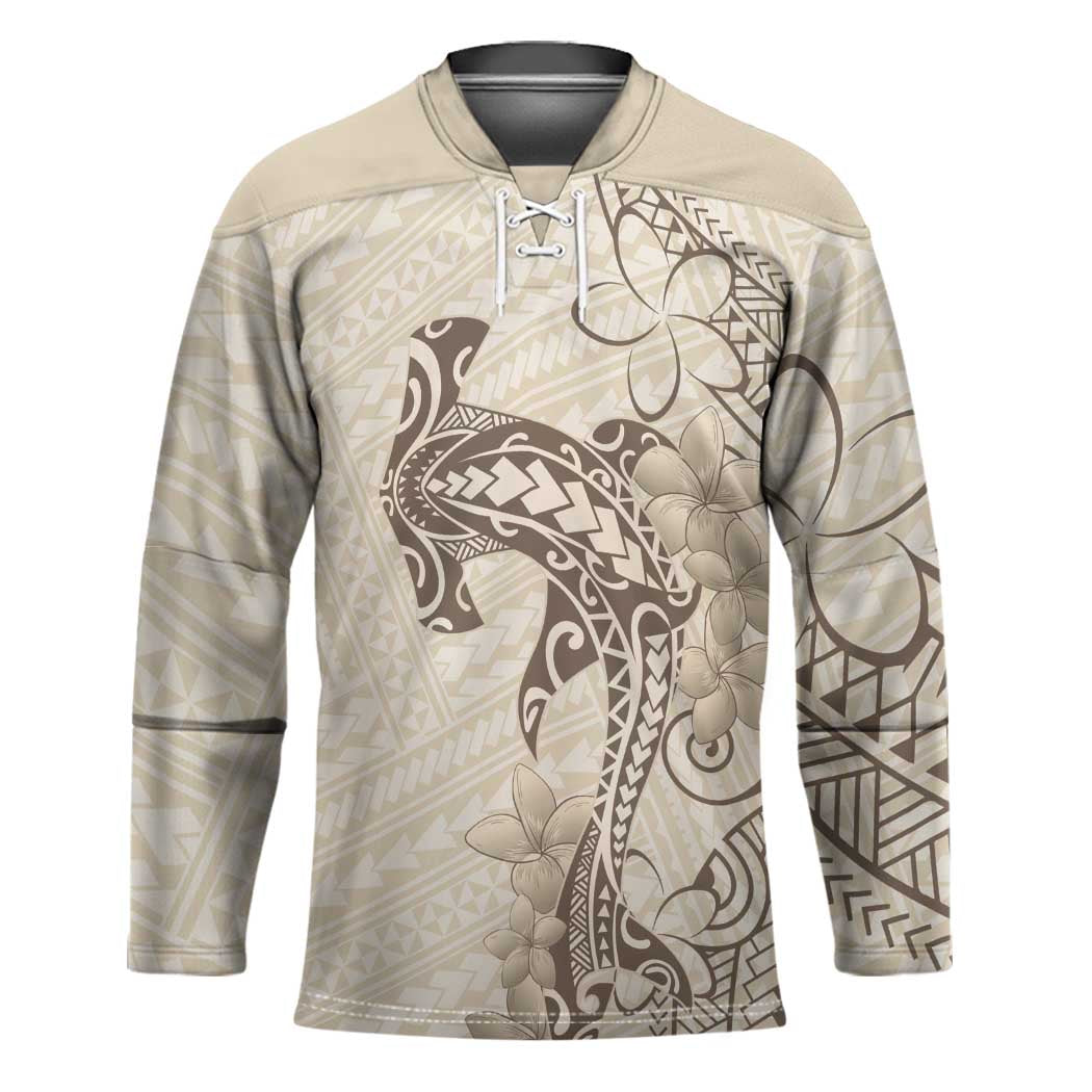 Beige Hawaii Hockey Jersey Hammerhead Shark Tattoo Curve Polynesian - Polynesian Pride