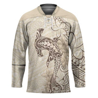 Beige Hawaii Hockey Jersey Hammerhead Shark Tattoo Curve Polynesian - Polynesian Pride