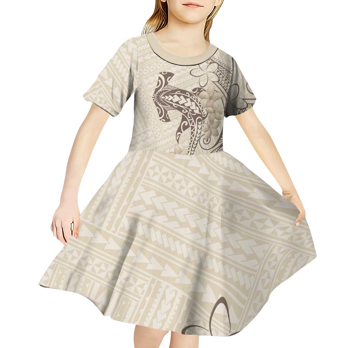 Beige Hawaii Kid Short Sleeve Dress Hammerhead Shark Tattoo Curve Polynesian - Polynesian Pride