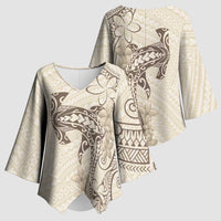 Beige Hawaii Kimono Sleeve Blouse Hammerhead Shark Tattoo Curve Polynesian - Polynesian Pride