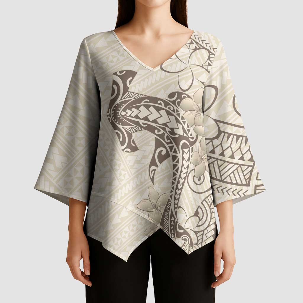 Beige Hawaii Kimono Sleeve Blouse Hammerhead Shark Tattoo Curve Polynesian - Polynesian Pride