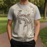 Beige Hawaii Christmas Knitted V-Neck Vest Hammerhead Shark Tattoo Curve Polynesian LT14 - Polynesian Pride