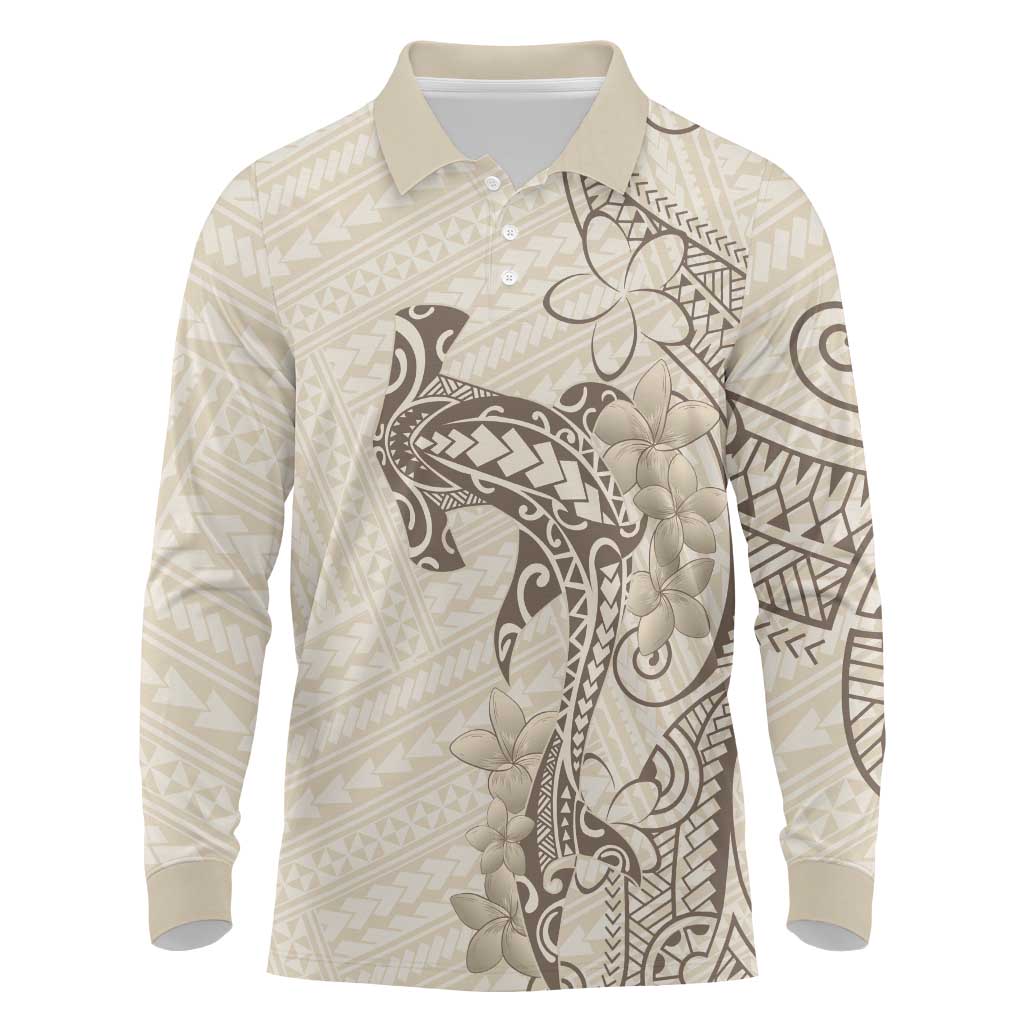 Beige Hawaii Long Sleeve Polo Shirt Hammerhead Shark Tattoo Curve Polynesian LT14 Beige - Polynesian Pride