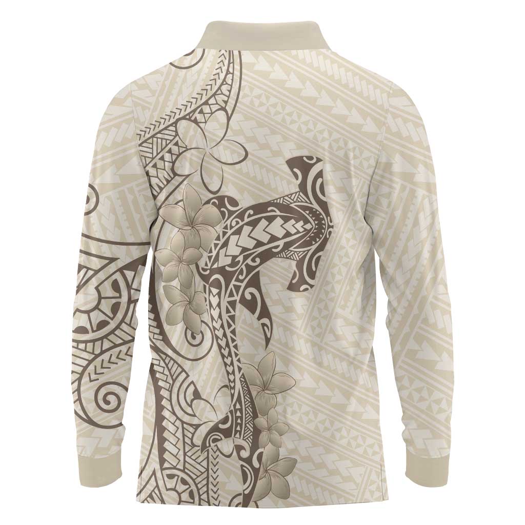 Beige Hawaii Long Sleeve Polo Shirt Hammerhead Shark Tattoo Curve Polynesian LT14 - Polynesian Pride