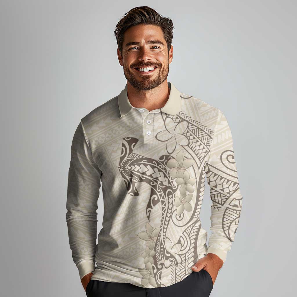 Beige Hawaii Long Sleeve Polo Shirt Hammerhead Shark Tattoo Curve Polynesian LT14 - Polynesian Pride