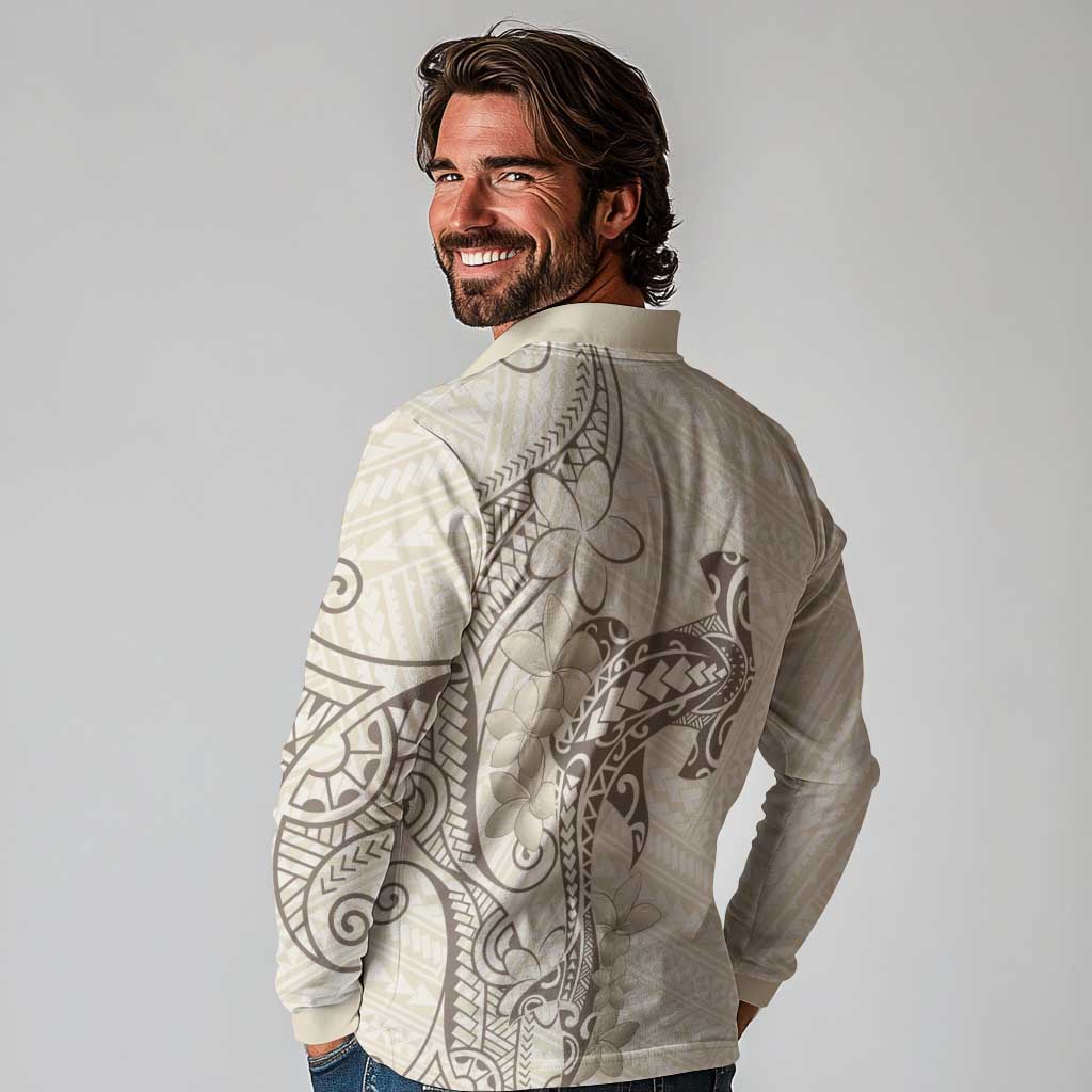 Beige Hawaii Long Sleeve Polo Shirt Hammerhead Shark Tattoo Curve Polynesian LT14 - Polynesian Pride