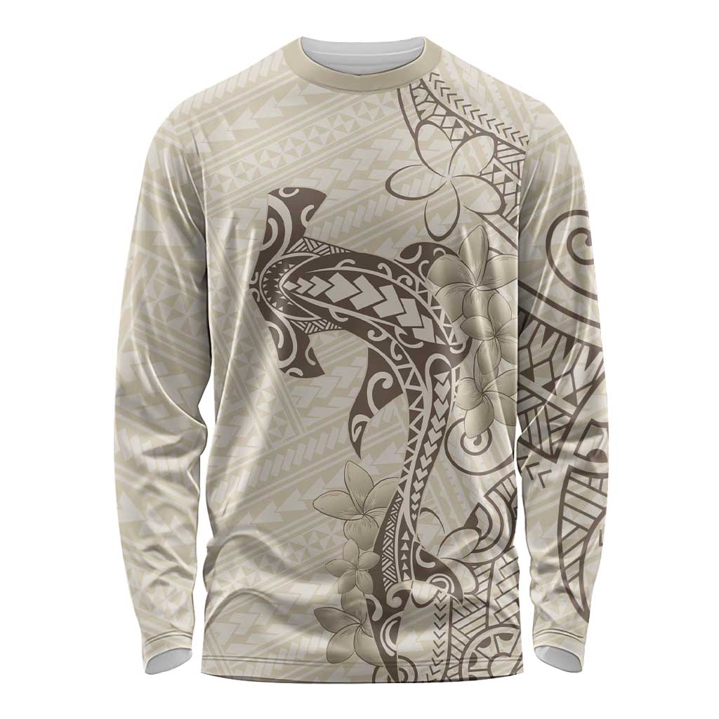 Beige Hawaii Long Sleeve Shirt Hammerhead Shark Tattoo Curve Polynesian LT14 Unisex Beige - Polynesian Pride
