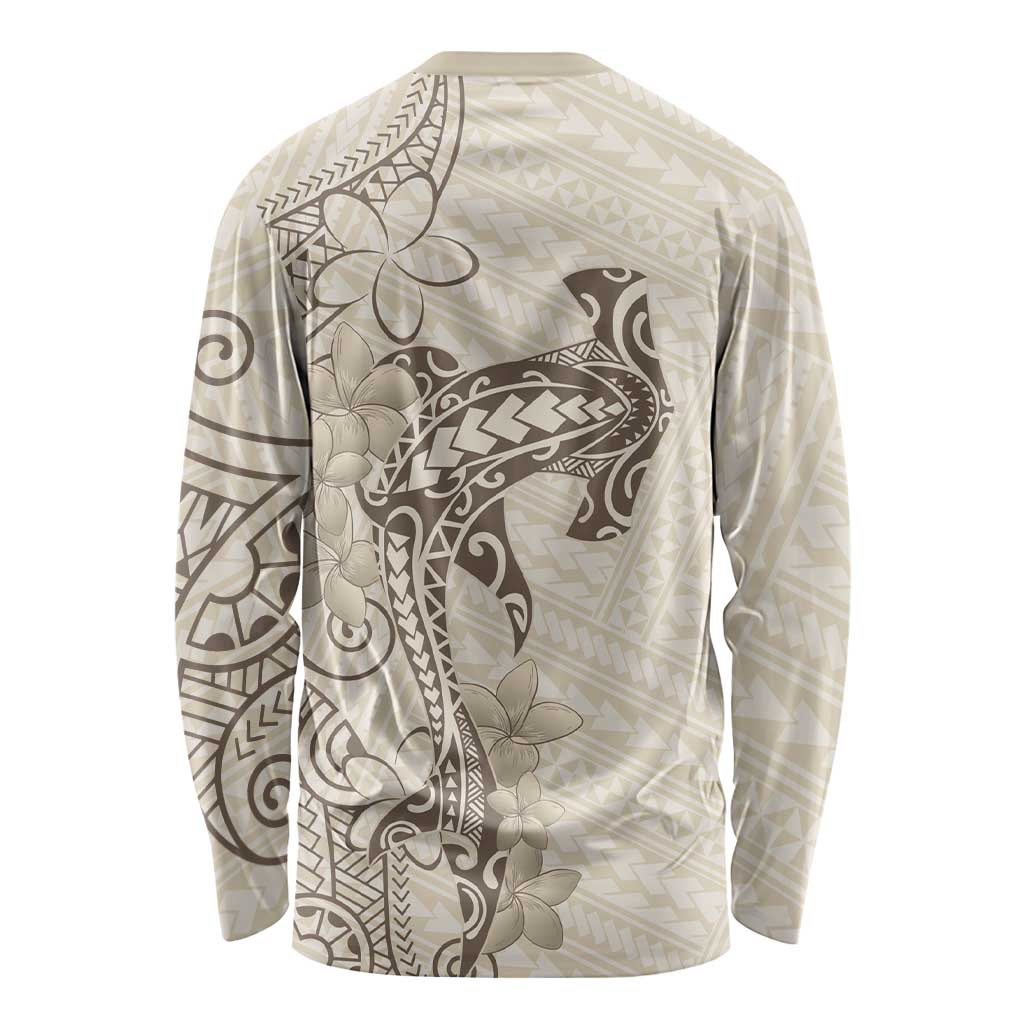 Beige Hawaii Long Sleeve Shirt Hammerhead Shark Tattoo Curve Polynesian LT14 - Polynesian Pride