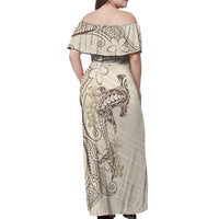 Beige Hawaii Off Shoulder Maxi Dress Hammerhead Shark Tattoo Curve Polynesian - Polynesian Pride