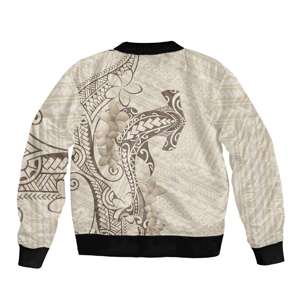 Beige Hawaii Sleeve Zip Bomber Jacket Hammerhead Shark Tattoo Curve Polynesian - Polynesian Pride