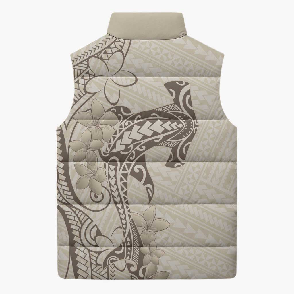 Beige Hawaii Sleeveless Puffer Jacket Hammerhead Shark Tattoo Curve Polynesian LT14 - Polynesian Pride