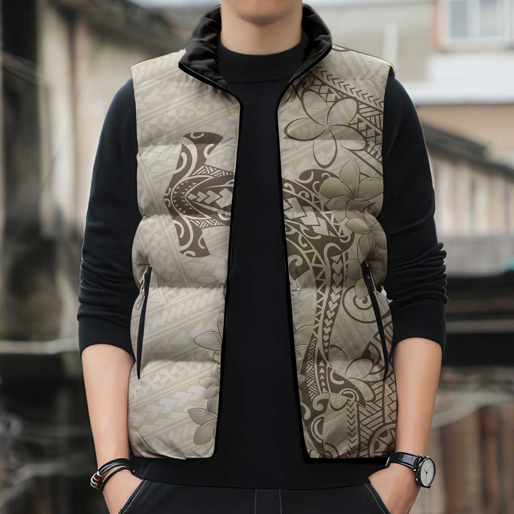Beige Hawaii Sleeveless Puffer Jacket Hammerhead Shark Tattoo Curve Polynesian LT14 - Polynesian Pride