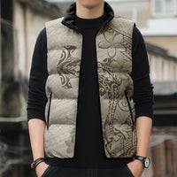 Beige Hawaii Sleeveless Puffer Jacket Hammerhead Shark Tattoo Curve Polynesian LT14 - Polynesian Pride