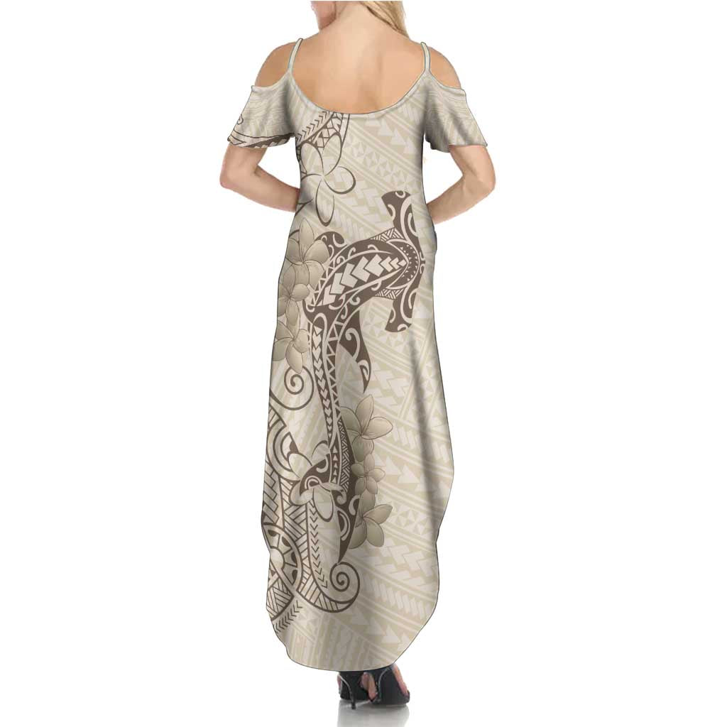 Beige Hawaii Summer Maxi Dress Hammerhead Shark Tattoo Curve Polynesian - Polynesian Pride