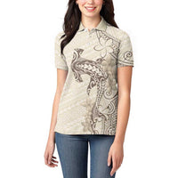 Beige Hawaii Women Polo Shirt Hammerhead Shark Tattoo Curve Polynesian - Polynesian Pride