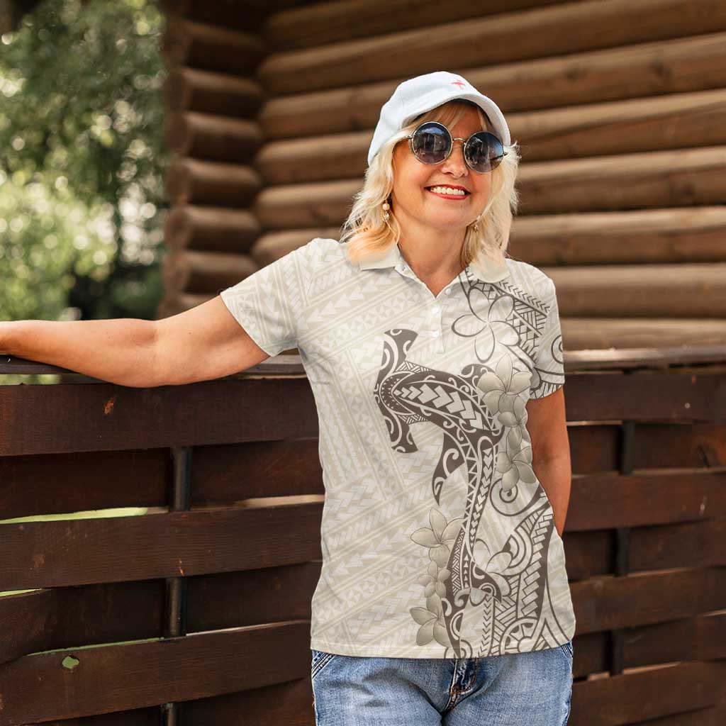 Beige Hawaii Women Polo Shirt Hammerhead Shark Tattoo Curve Polynesian - Polynesian Pride