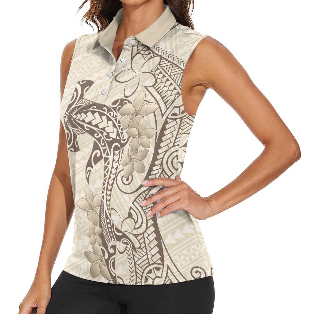 Beige Hawaii Women Sleeveless Polo Shirt Hammerhead Shark Tattoo Curve Polynesian LT14 - Polynesian Pride