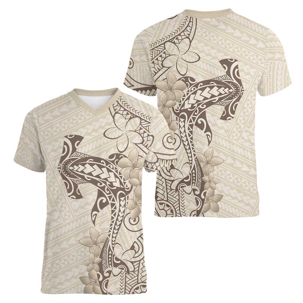 Beige Hawaii Women V-Neck T-Shirt Hammerhead Shark Tattoo Curve Polynesian - Polynesian Pride