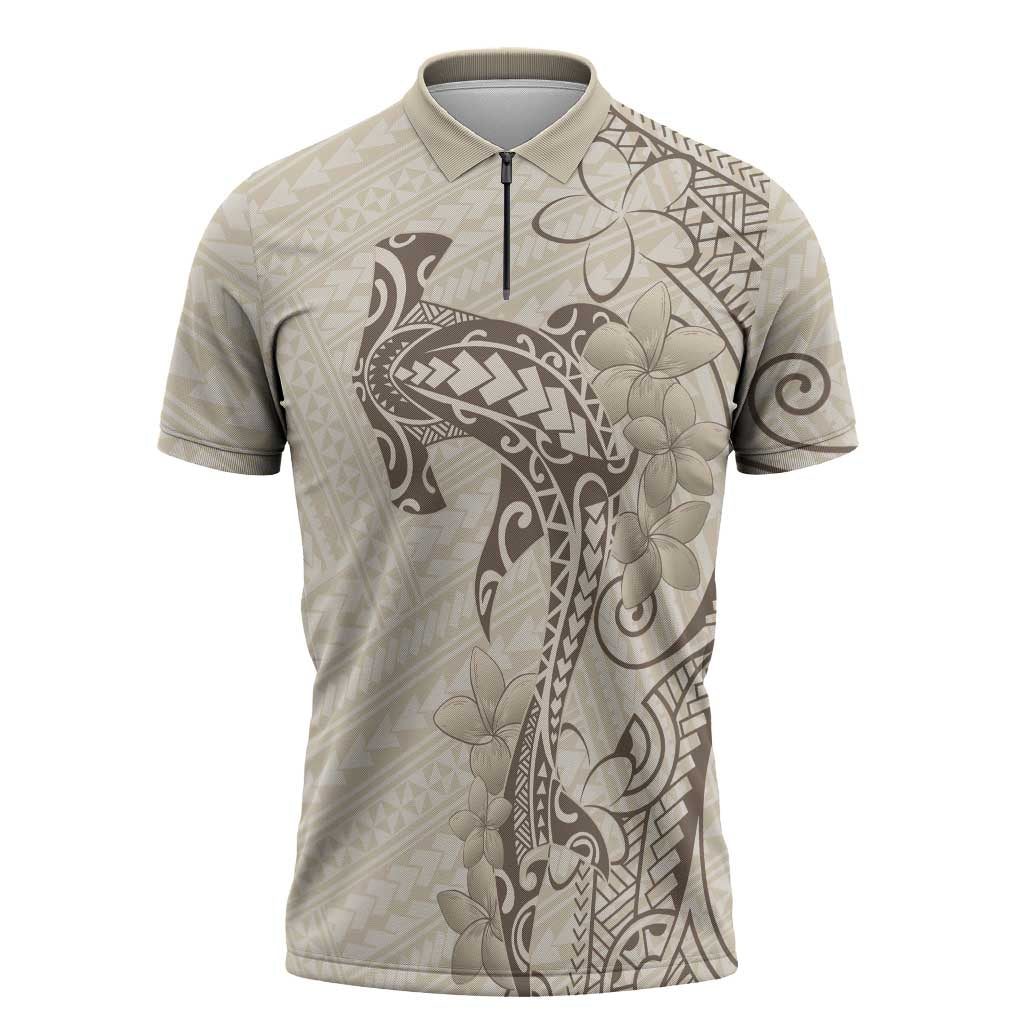 Beige Hawaii Zipper Polo Shirt Hammerhead Shark Tattoo Curve Polynesian LT14 Beige - Polynesian Pride