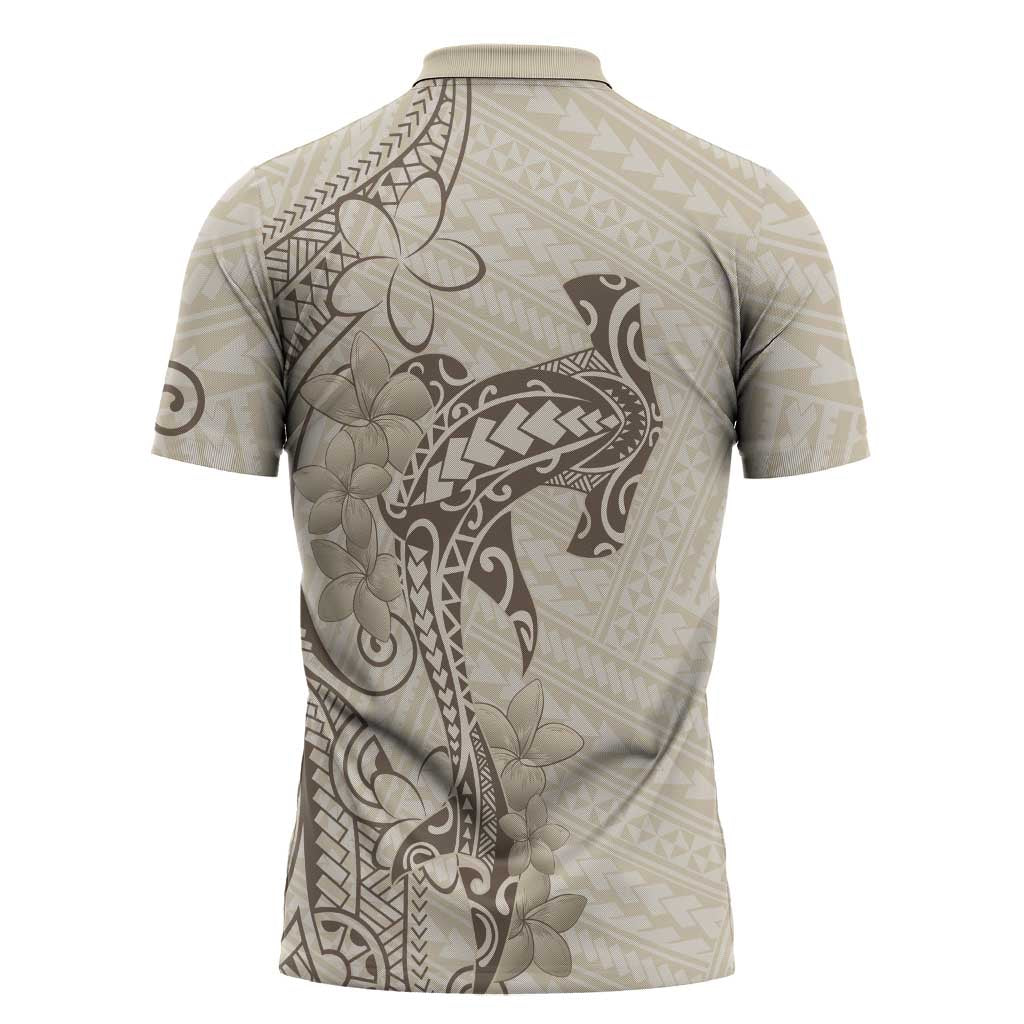 Beige Hawaii Zipper Polo Shirt Hammerhead Shark Tattoo Curve Polynesian LT14 - Polynesian Pride