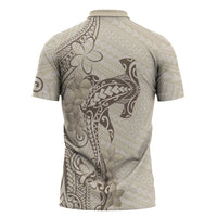 Beige Hawaii Zipper Polo Shirt Hammerhead Shark Tattoo Curve Polynesian LT14 - Polynesian Pride