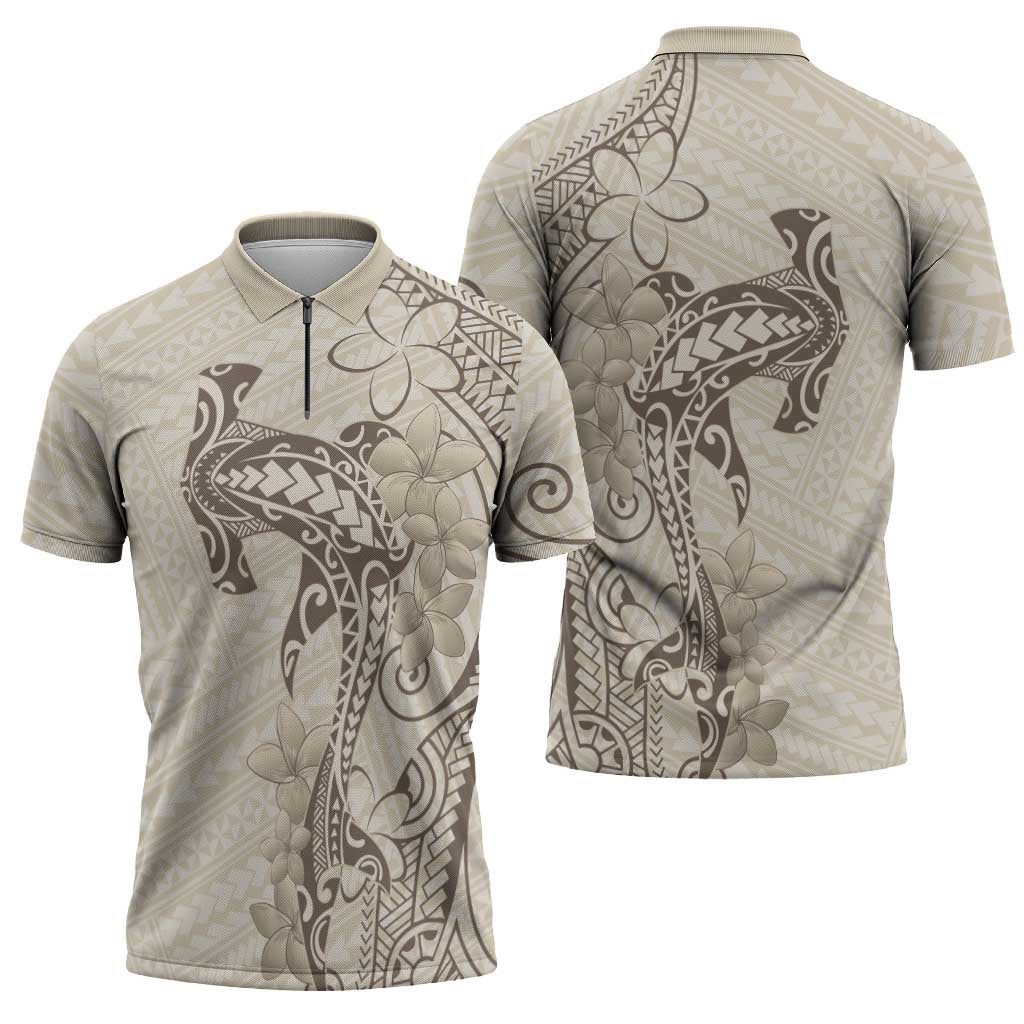 Beige Hawaii Zipper Polo Shirt Hammerhead Shark Tattoo Curve Polynesian LT14 - Polynesian Pride