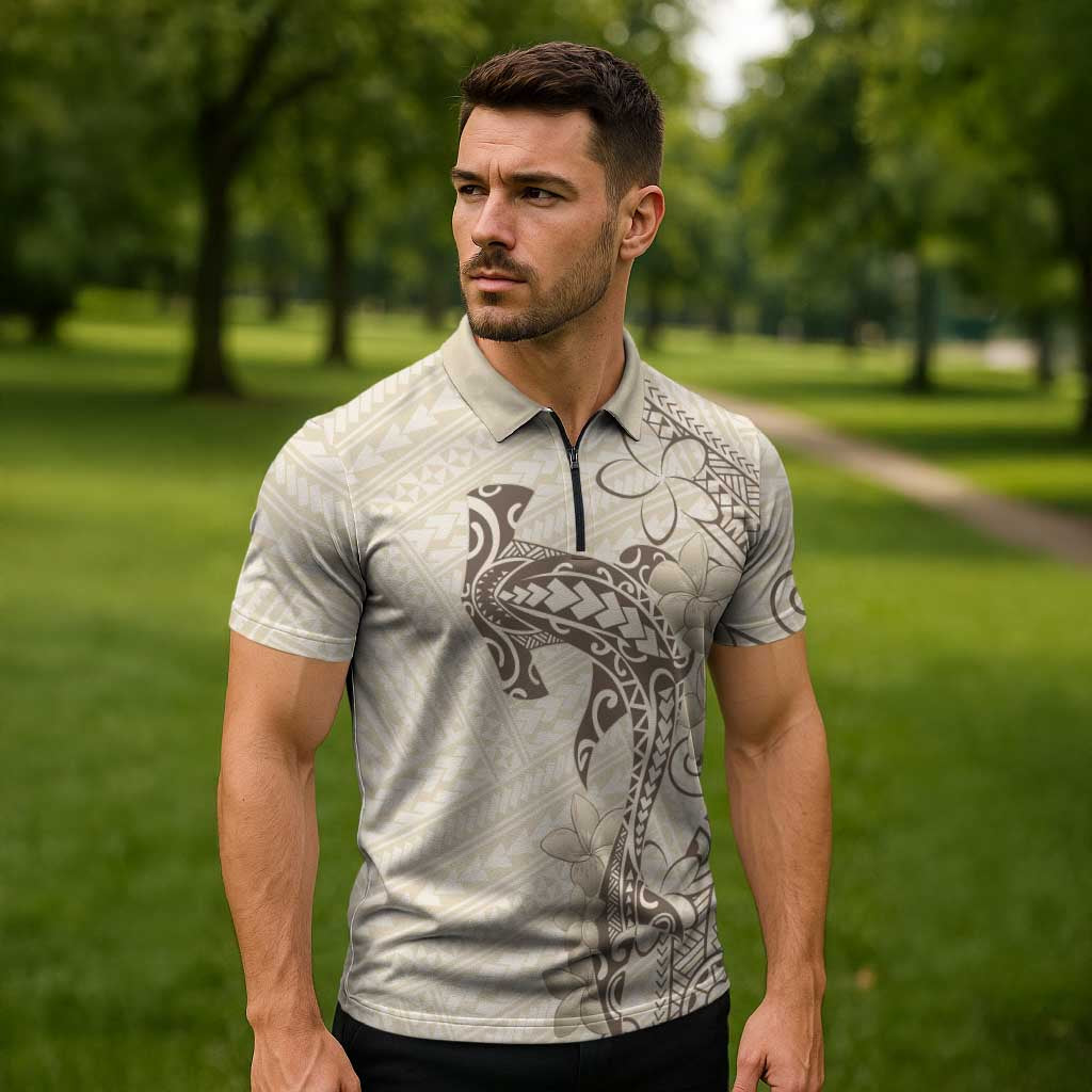 Beige Hawaii Zipper Polo Shirt Hammerhead Shark Tattoo Curve Polynesian LT14 - Polynesian Pride