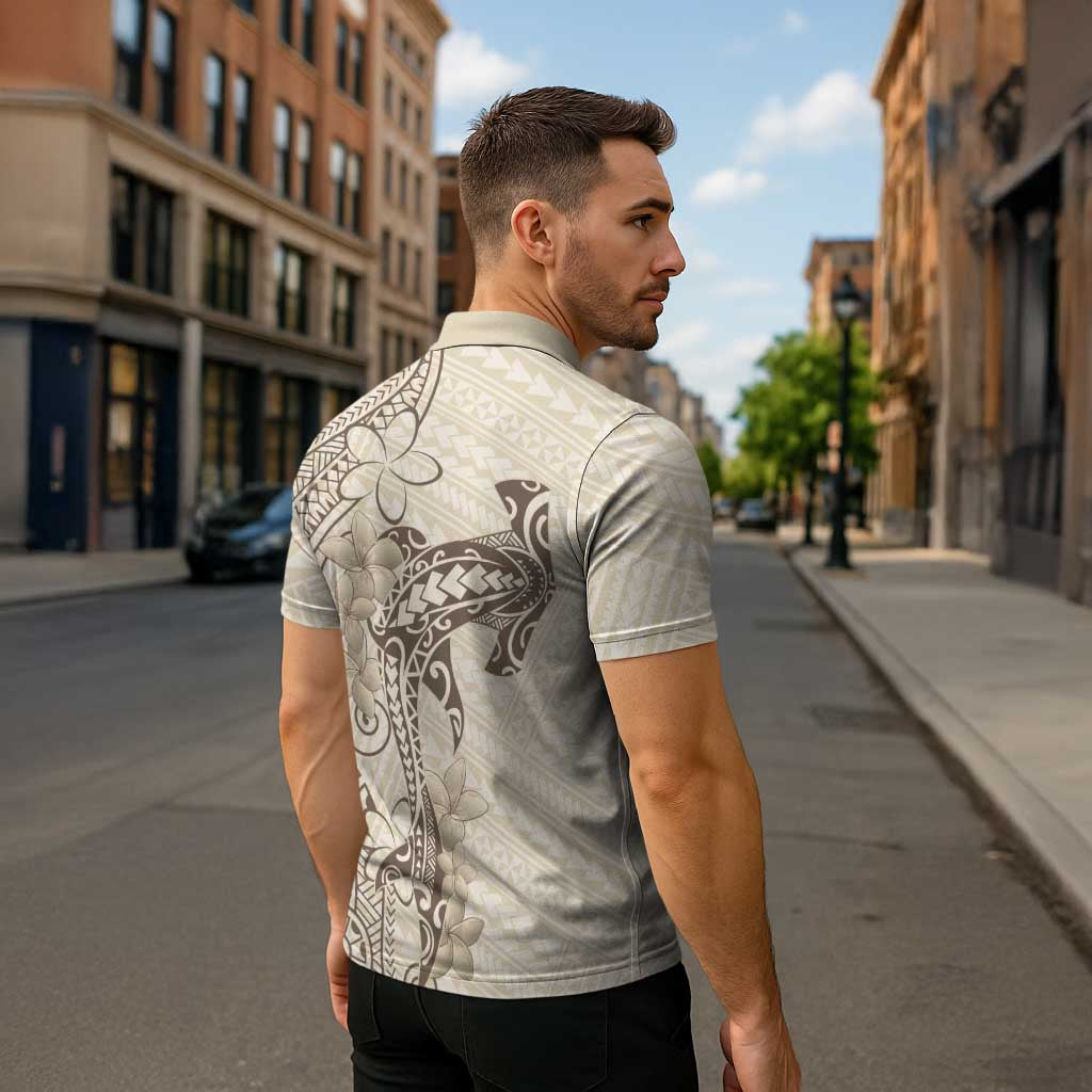 Beige Hawaii Zipper Polo Shirt Hammerhead Shark Tattoo Curve Polynesian LT14 - Polynesian Pride