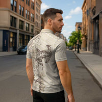 Beige Hawaii Zipper Polo Shirt Hammerhead Shark Tattoo Curve Polynesian LT14 - Polynesian Pride