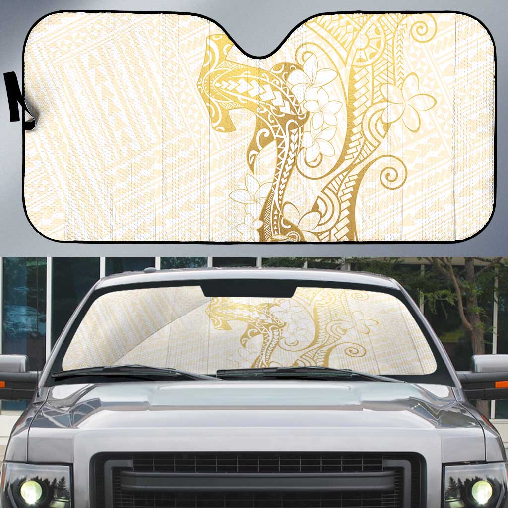 Gold and White Hawaii Auto Sun Shade Hammerhead Shark Tattoo Curve Polynesian LT14 White - Polynesian Pride